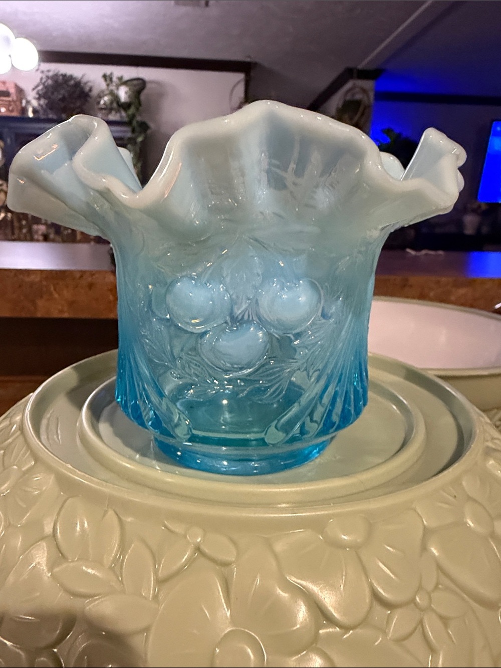 Blue Ruffled Milk Glass Vase - Vintage-Style CHERRY FENTON GLASS